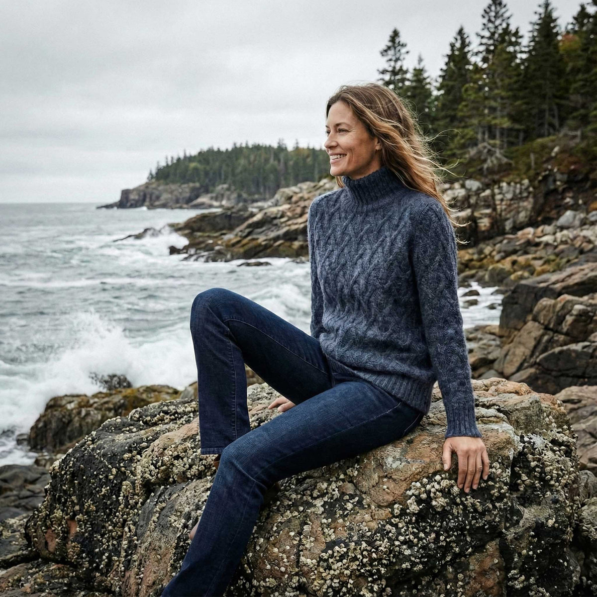 Woman sitting on rocks by the ocean wearing a blue alpaca sweater sweater and jeans.