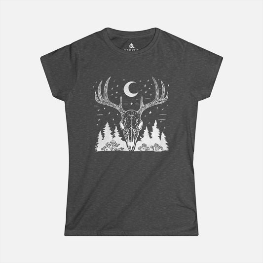 Women's Deer Skull T-Shirt in grey displayed on a white background, highlighting the intricate deer skull, conifer trees, and moon illustration.