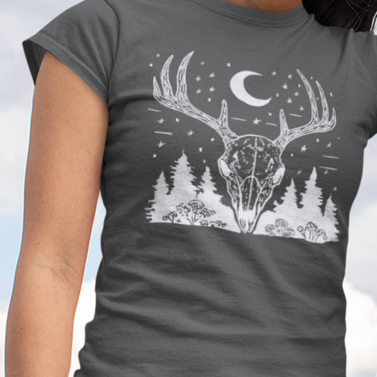 Women's Deer Skull T-Shirt in grey featuring a forest and crescent moon design, worn by a model to showcase fit and style.