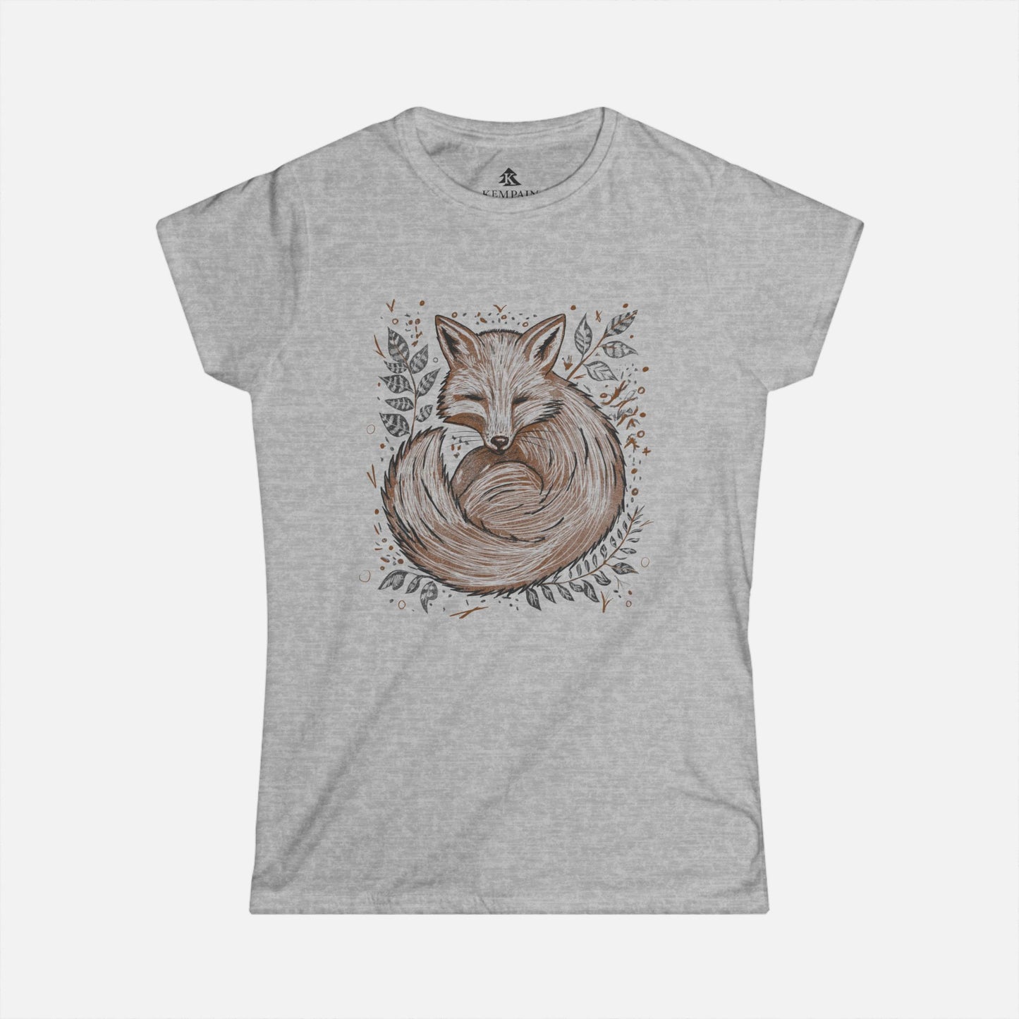 Fox in the Ferns Women's T-Shirt in light grey displayed flat on a white background, showcasing its whimsical fox and fern illustration.