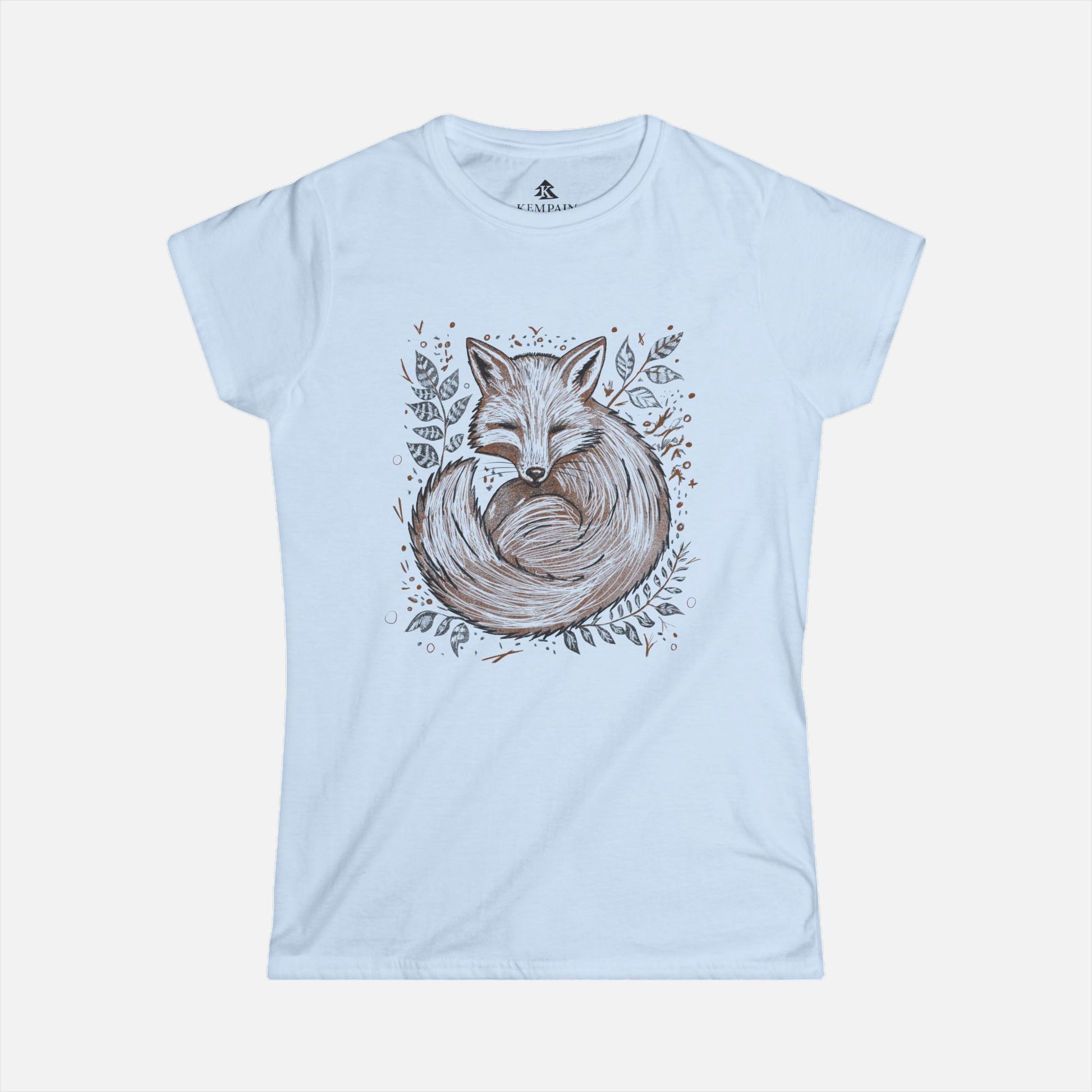 Light blue Fox in the Ferns Women's T-Shirt displayed flat on a white background, showcasing its whimsical fox and fern illustration.
