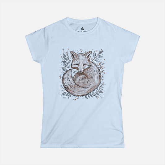 Light blue Fox in the Ferns Women's T-Shirt displayed flat on a white background, showcasing its whimsical fox and fern illustration.