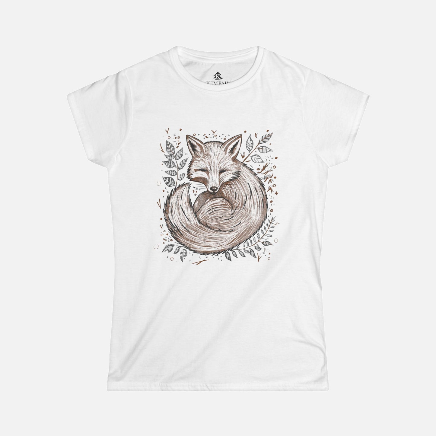 Fox in the Ferns Women's T-Shirt in white displayed flat on a white background, showcasing its whimsical fox and fern illustration.