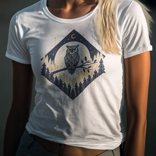 Women’s Owl & Pine Forest T-Shirt worn by a model, featuring a geometric owl and woodland design inspired by nature and wildlife.