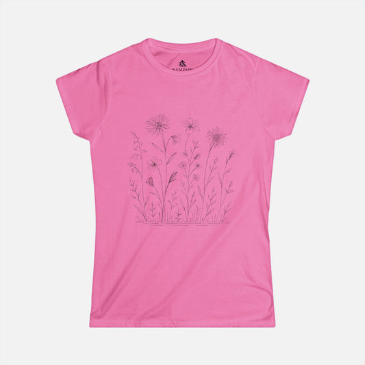 Women's pink Wildflower Breeze T-Shirt displayed on a white background, highlighting its nature-inspired wildflower design and soft fabric.