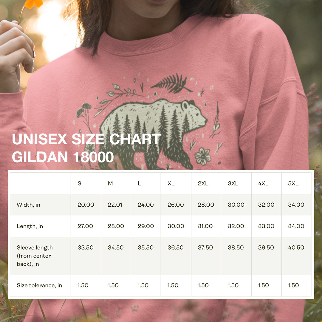 Unisex Size chart for the Women's Wandering Bear Sweatshirt, providing detailed measurements for the perfect fit. Gildan 18000.
