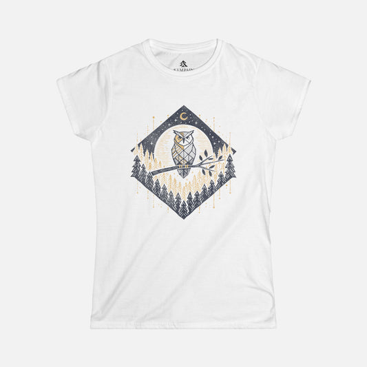 Women’s Owl & Pine Forest T-Shirt in white displayed flat on a white background, showcasing its geometric forest and owl illustration.