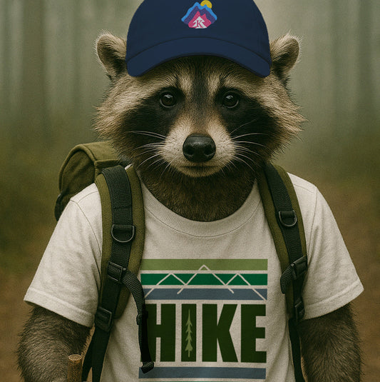 A raccoon hiking wearing Kempain Family Outfitters apparel.