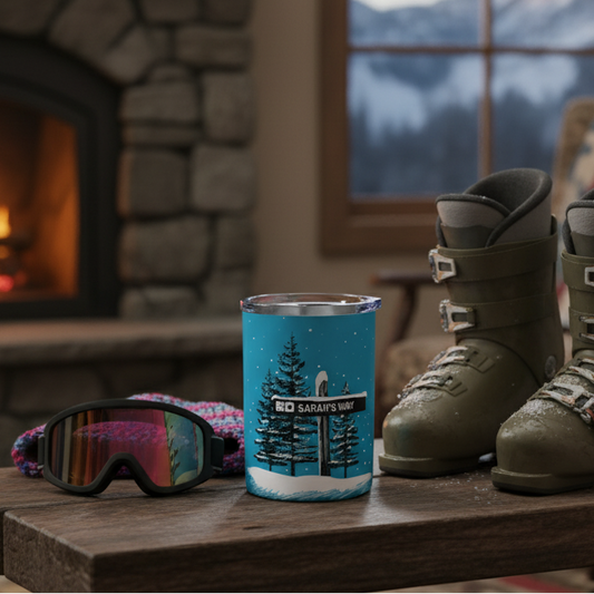 Personalized gift idea for skiers: custom tumbler with double black diamond symbol in a cozy ski lodge.
