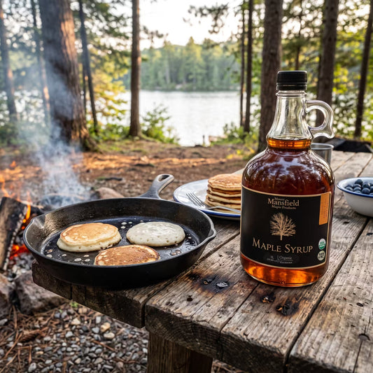 Maple syrup in glass bottle next to cast iron skillet with pancakes at a campsite in the woods