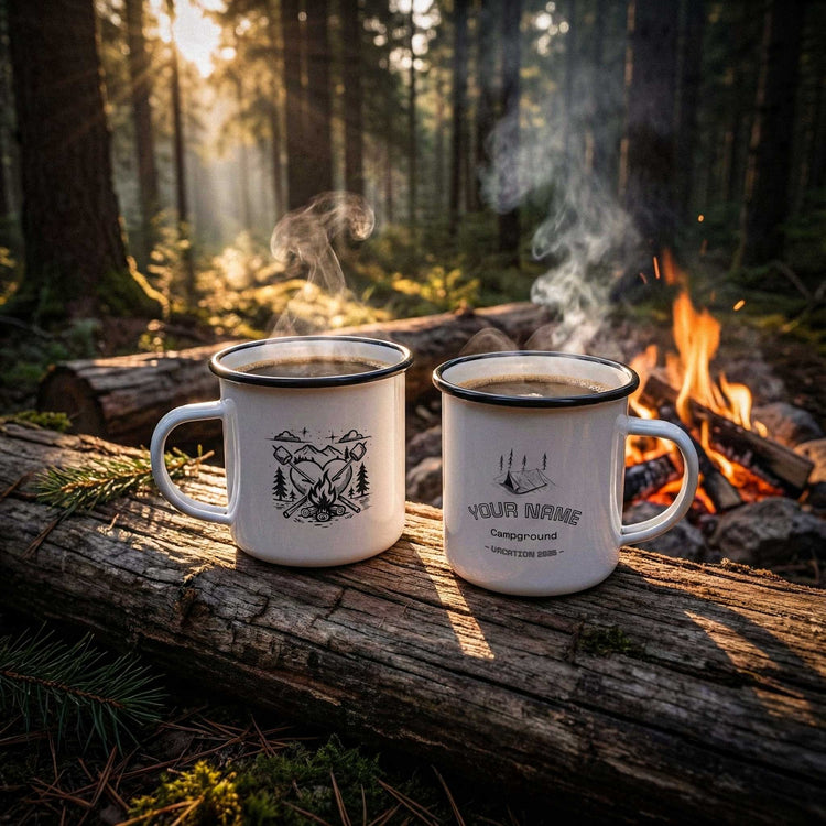 Two camp mugs with campfire designs on a log in a forest setting featuring custom text and artwork by Kempain Family Outfitters.