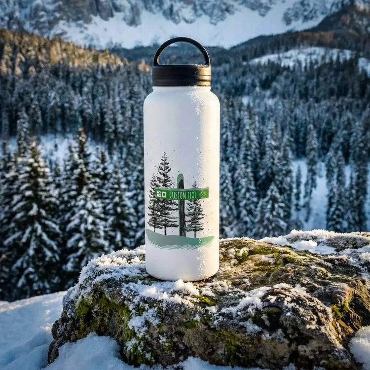 Custom Green Trail Ski Trail Signpost Commissioned Water Bottle for Skiers and Snowboarders, Original Artwork by Jordan Kempain photographed in winter mountain scene.