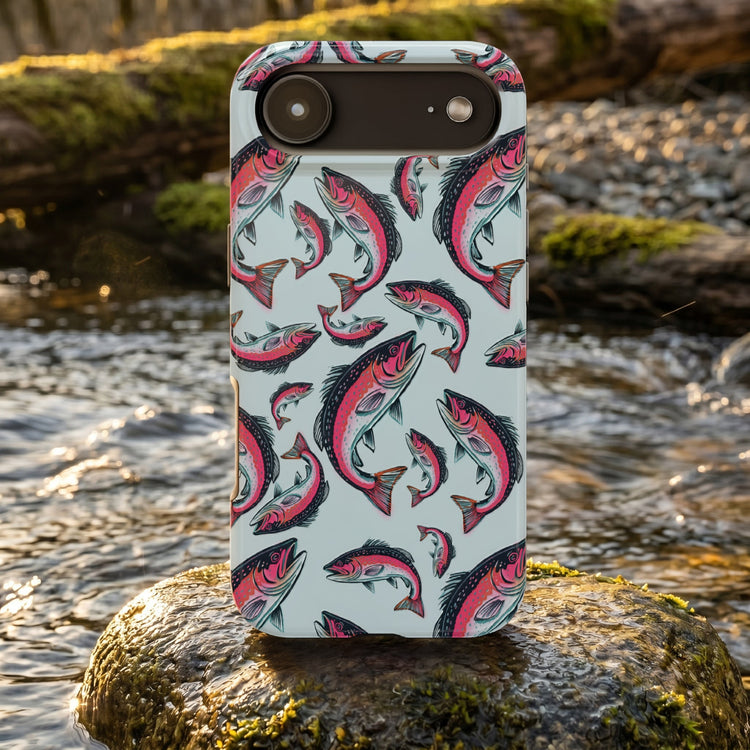 A colorful Rainbow Trout Pattern case showcasing an illustrated jumping trout by Jordan Kempain displayed on a river rock.