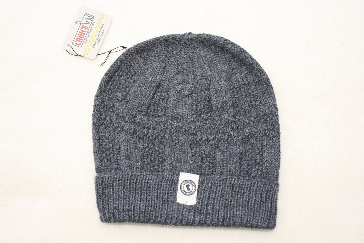 100 percent baby alpaca knit winter hat by Purely Alpaca in Grey color option on a white background.