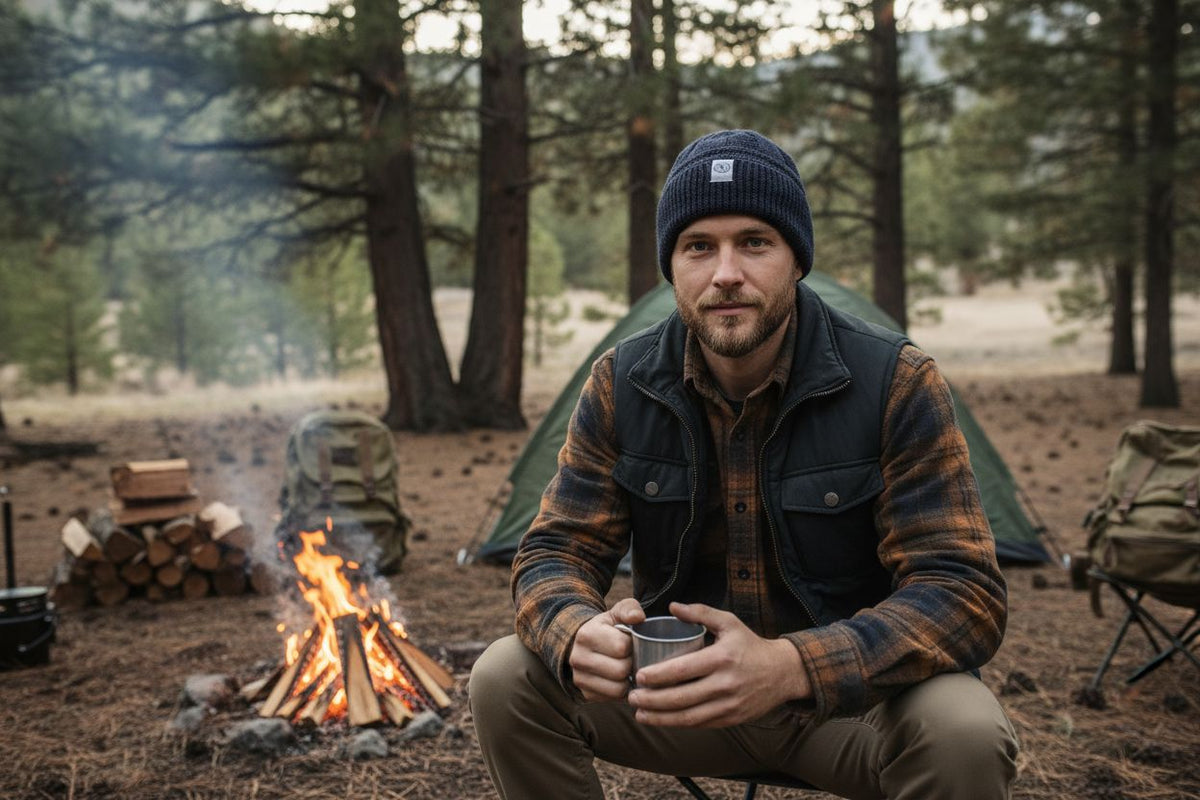 A man wearing a navy blue 100 percent baby alpaca knit winter hat by Purely Alpaca in the woods by a campfire.