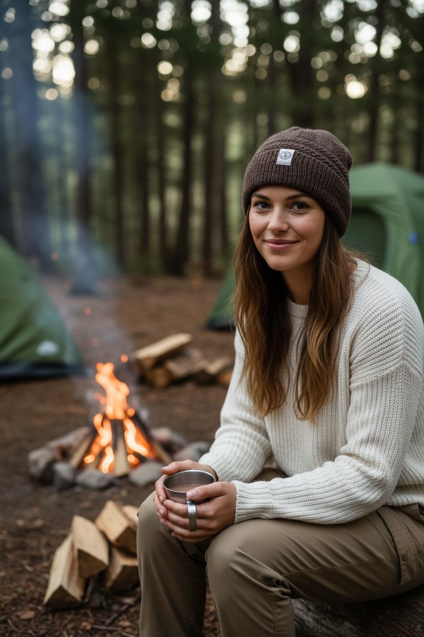 A female sitting by a campfire wearing a brown 100 percent baby alpaca knit winter hat by Purely Alpaca.