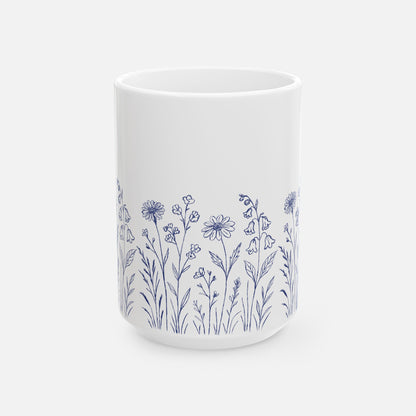 Floral Mug - Blue Wildflower Illustration Ceramic Mug (11oz, 15oz)