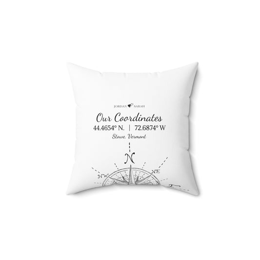 14X14 personalized coordinates pillow on white background with custom GPS location, perfect for outdoor enthusiasts, home decor, or as a thoughtful Valentine’s Day or anniversary gift.