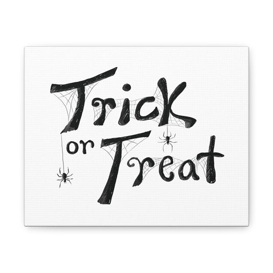 Canvas Gallery Wraps - Trick or Treat Illustrated Text with Spiders, Halloween Wall Art Decor, Spiderweb Canvas Prints, Spooky Home Decor,