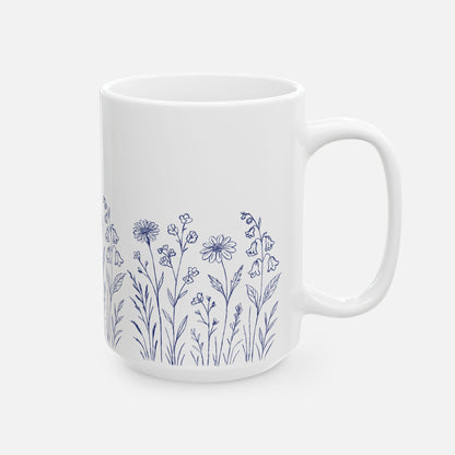 Floral Mug - Blue Wildflower Illustration Ceramic Mug (11oz, 15oz)