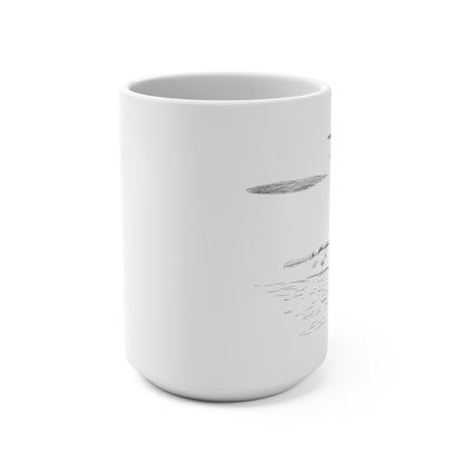 View of a 15oz ceramic mug with a hand-drawn sailboat and lighthouse ocean scene in a nautical pen-and-ink illustration on a white background.