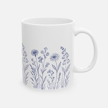 Floral Mug - Blue Wildflower Illustration Ceramic Mug (11oz, 15oz)
