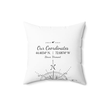16X16 personalized coordinates pillow on white background with custom GPS location, perfect for outdoor enthusiasts, home decor, or as a thoughtful Valentine’s Day or anniversary gift.