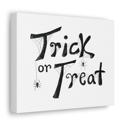 Canvas Gallery Wraps - Trick or Treat Illustrated Text with Spiders, Halloween Wall Art Decor, Spiderweb Canvas Prints, Spooky Home Decor,