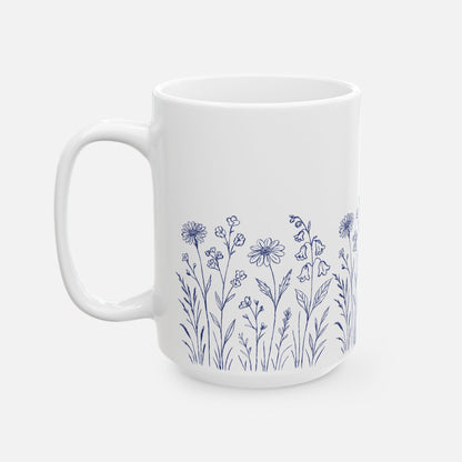 Floral Mug - Blue Wildflower Illustration Ceramic Mug (11oz, 15oz)