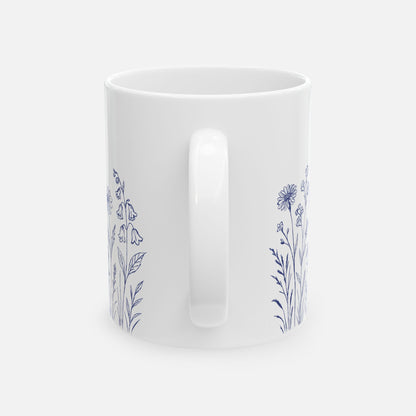 Floral Mug - Blue Wildflower Illustration Ceramic Mug (11oz, 15oz)