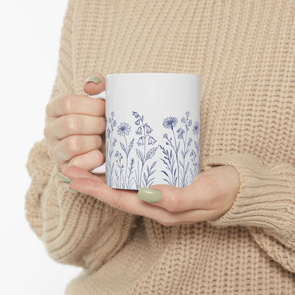 Floral Mug - Blue Wildflower Illustration Ceramic Mug (11oz, 15oz)