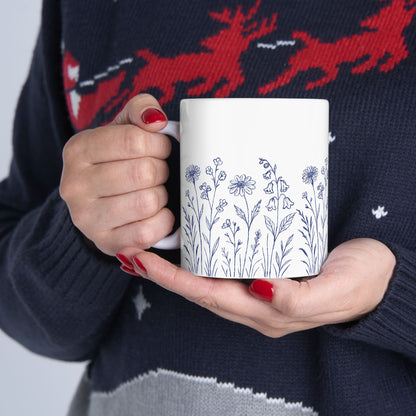 Floral Mug - Blue Wildflower Illustration Ceramic Mug (11oz, 15oz)