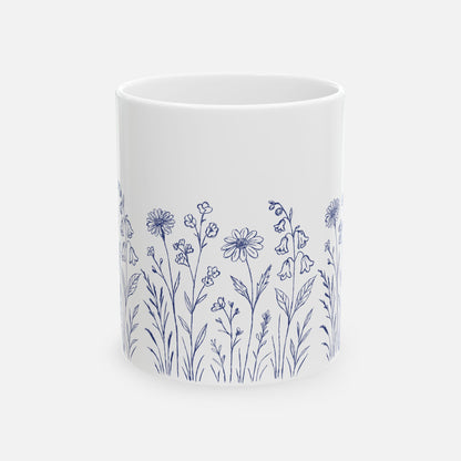 Floral Mug - Blue Wildflower Illustration Ceramic Mug (11oz, 15oz)