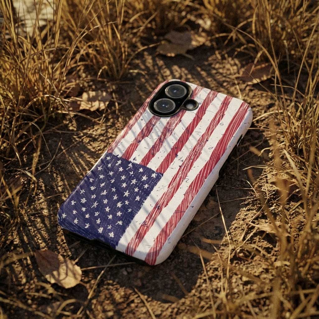 Phone case with American flag design lying on dry grass by Kempain Family Outfitters. 