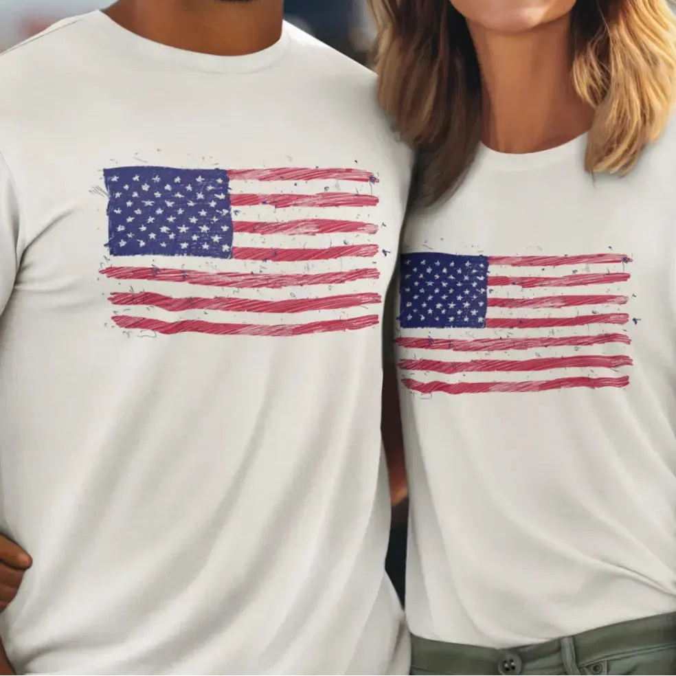 Couples wearing a unisex t-shirt featuring an illustration of American Flag, a perfect gift for patriots and 4th of July.