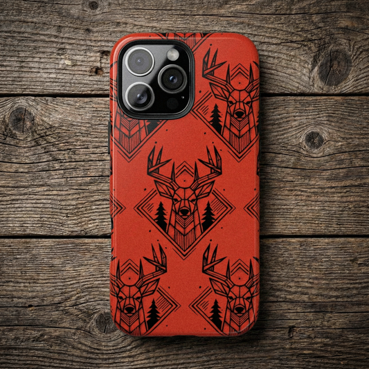 Antler Buck iPhone Case in orange, front view on rustic barn wood, featuring a bold antler and buck design for hunters.
