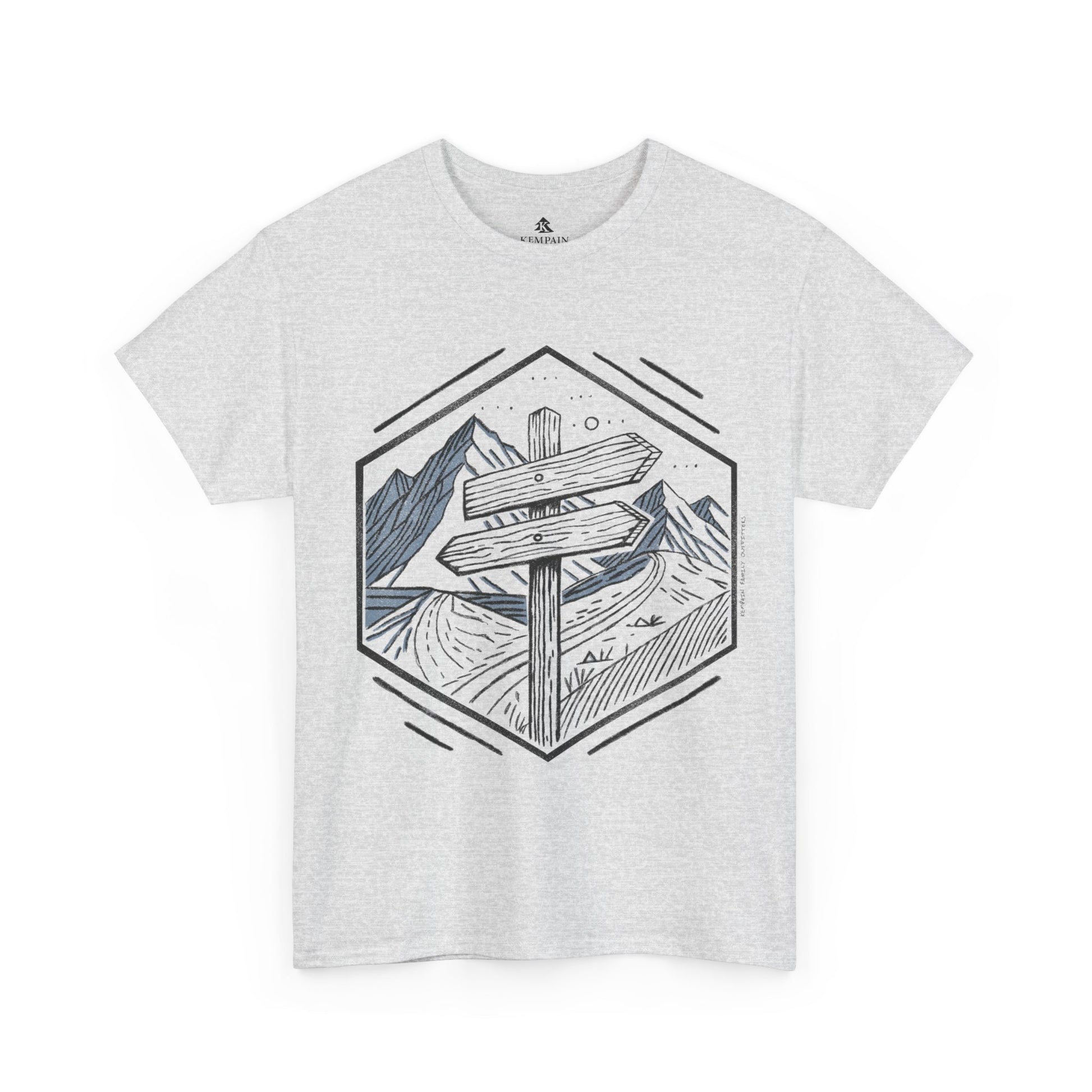 Ash Color Wilderness Way Trail Sign T-Shirt displayed flat on a white background, showcasing a clean and modern hiking-inspired design.