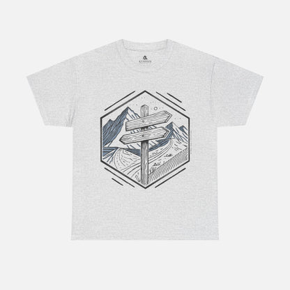 Ash Color Wilderness Way Trail Sign T-Shirt displayed flat on a white background, showcasing a clean and modern hiking-inspired design.