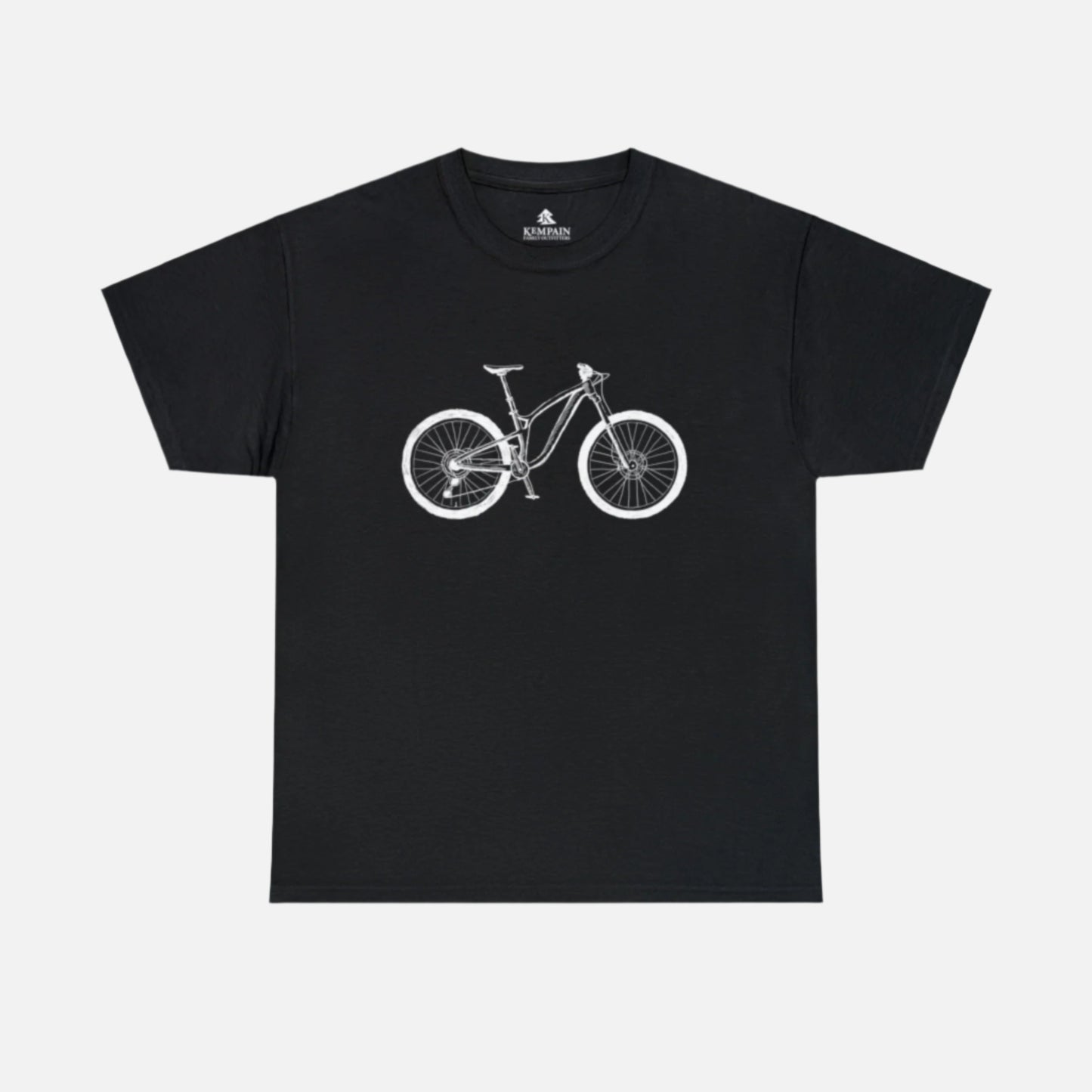 A black t-shirt on white background featuring a illustrated bike on front. 