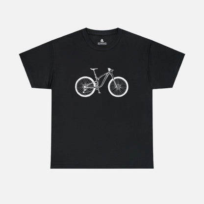A black t-shirt on white background featuring a illustrated bike on front. 