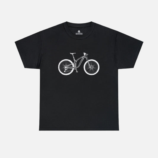 A black t-shirt on white background featuring a illustrated bike on front. 