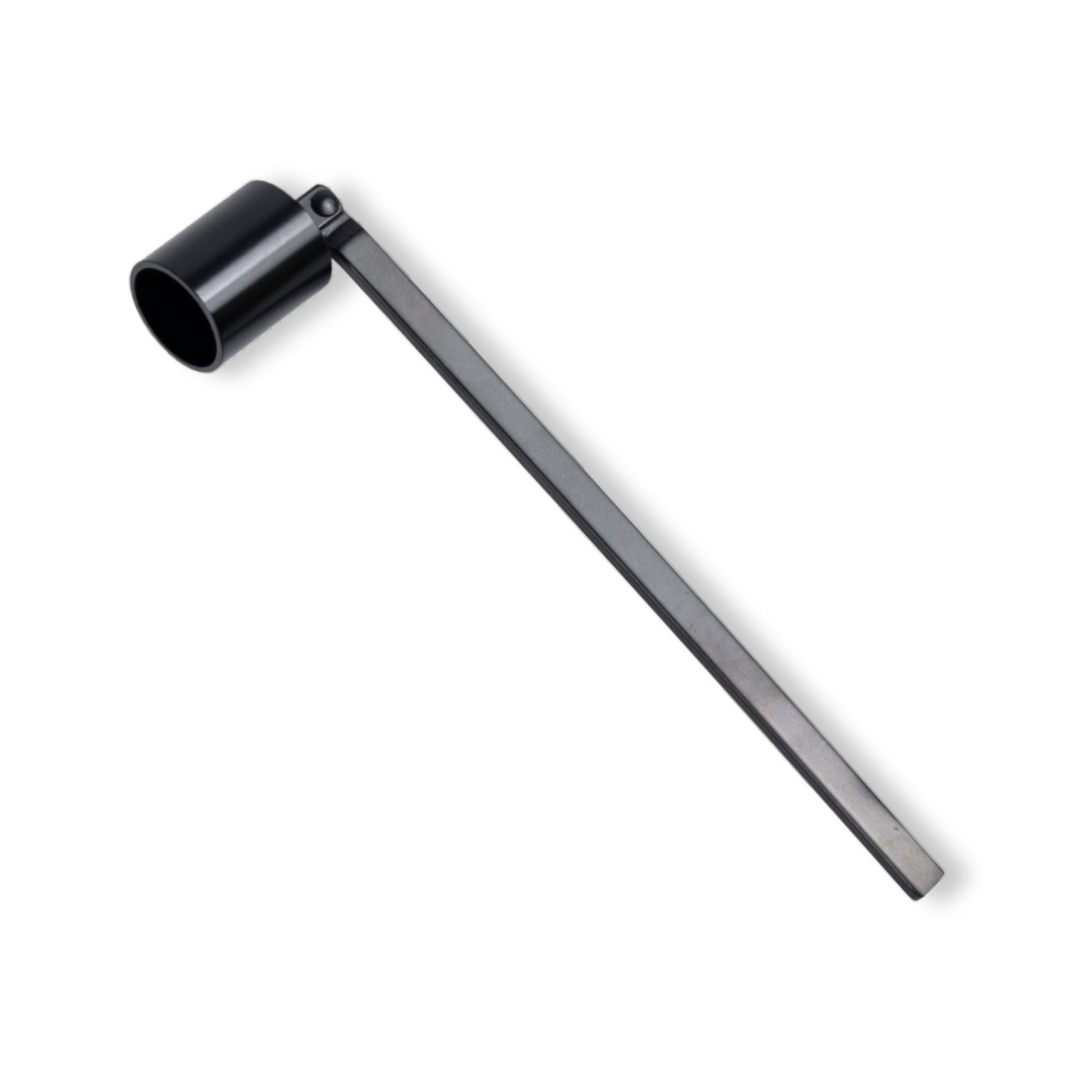 Black metal candle tool with a long handle on a white background used to "snuff" lit candles to avoid wax splatter or wax dripping for proper candle care. 