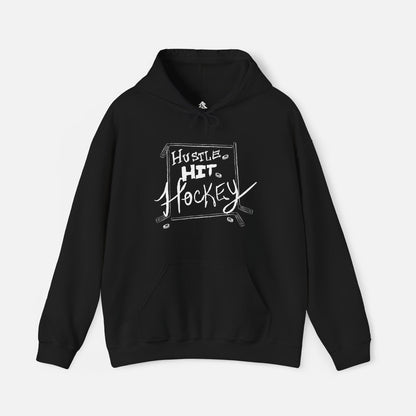 Black Hustle Hit Hockey Hoodie with bold hockey-themed design, showcasing comfort and style for hockey fans on white background.