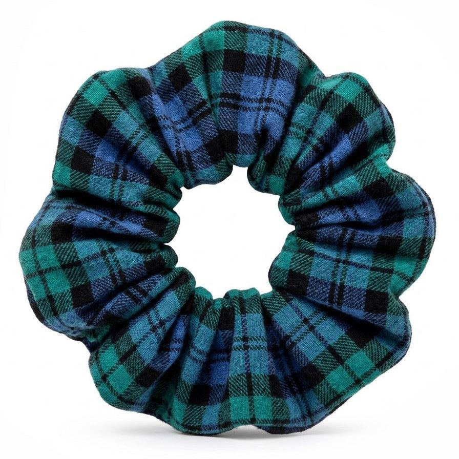 Blue and Green Plaid scrunchie on a white background by Vermont Flannel Company and sold by Kempain Family Outfitters.