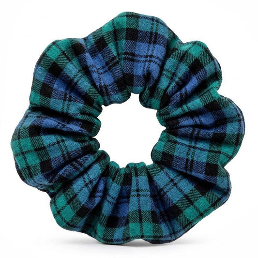 Blue and Green Plaid scrunchie on a white background by Vermont Flannel Company and sold by Kempain Family Outfitters.