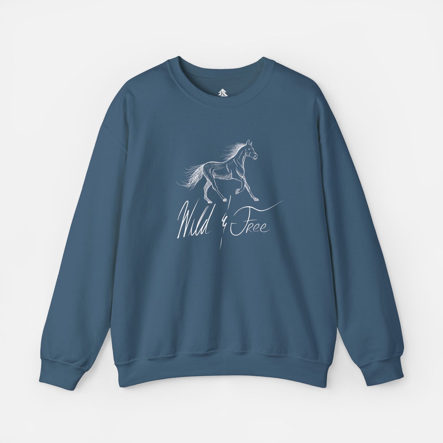 Wild and Free Elegant Horse Illustration Sweatshirt in blue on a white background, featuring a graceful equine design for horse lovers and equestrian fashion enthusiasts.