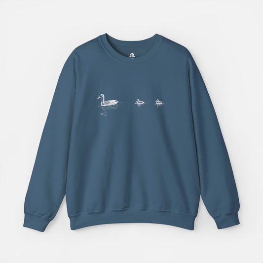 Blue Duck Family Minimalist Sweatshirt – Mommy Duck and Two Ducklings Design, Unisex Pullover, Cute Duck Print Jumper, Animal Lover Gift on white background.