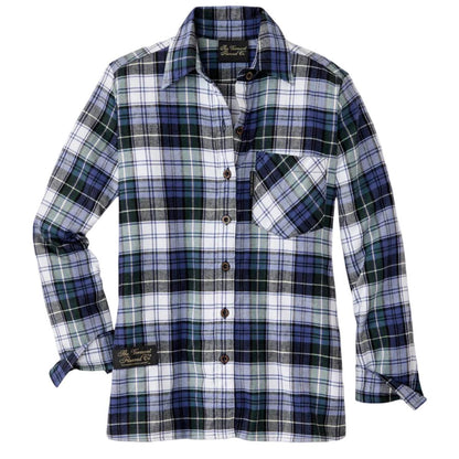 Plaid shirt with blue and green pattern on a white background by Vermont Flannel Company.