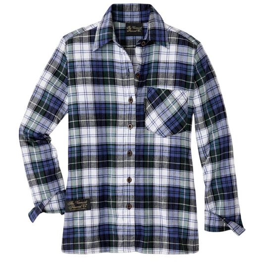 Plaid shirt with blue and green pattern on a white background by Vermont Flannel Company.