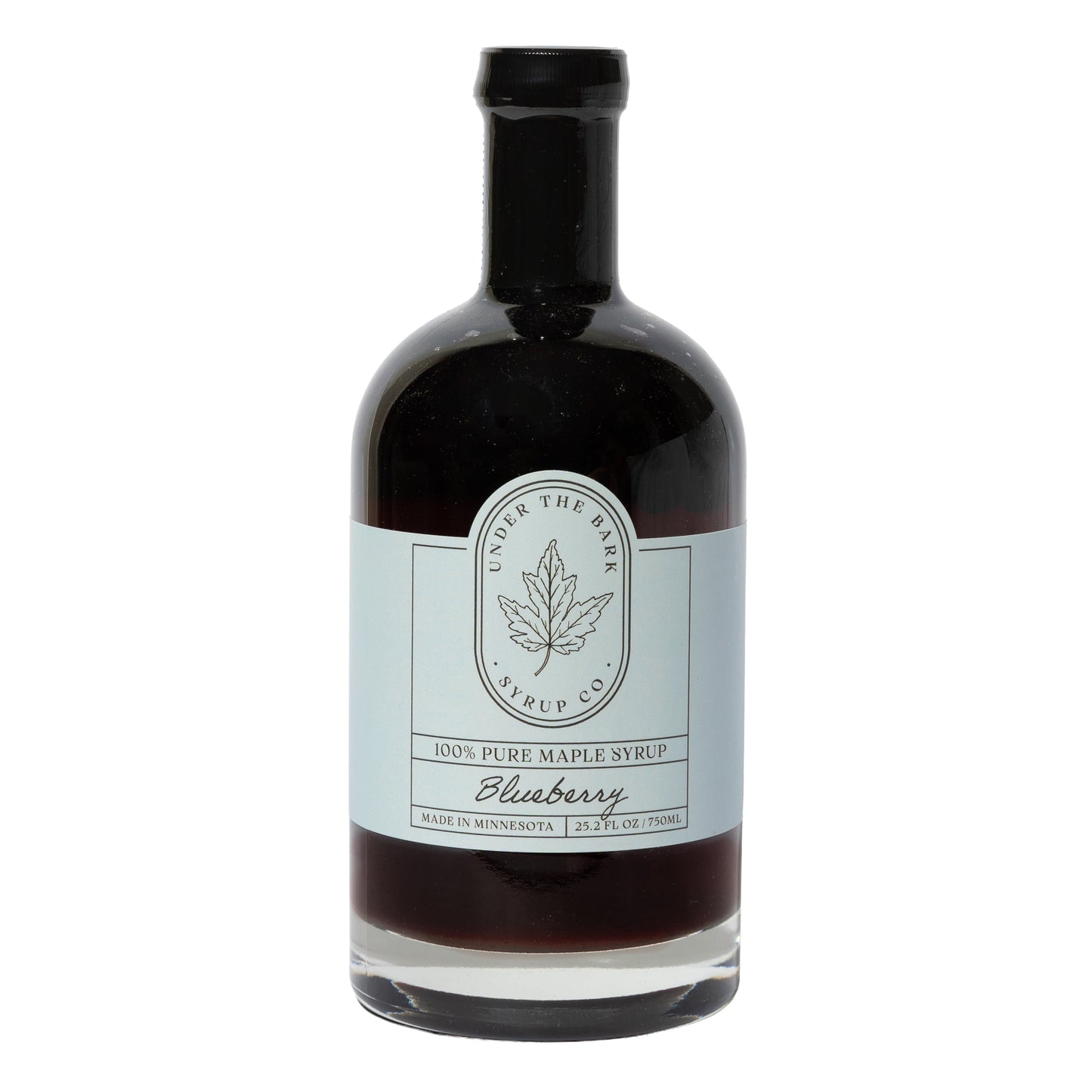 Bottle of Under the Bear Syrup Co. blueberry maple syrup on a white background